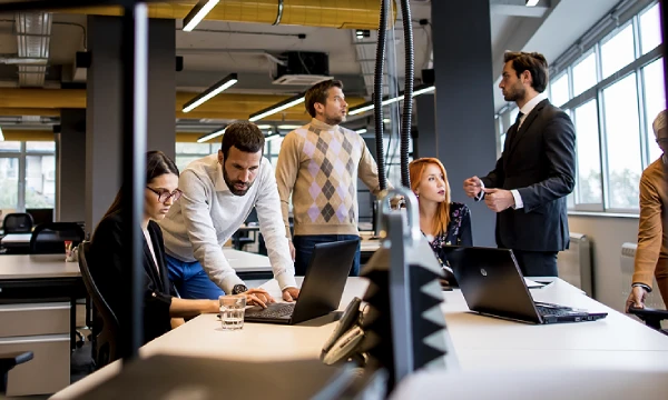 boutique business consulting team working with mid-sized business client in office