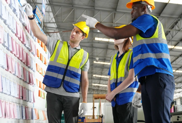 supply chain consultant reviewing warehouse inventory controls with operations team