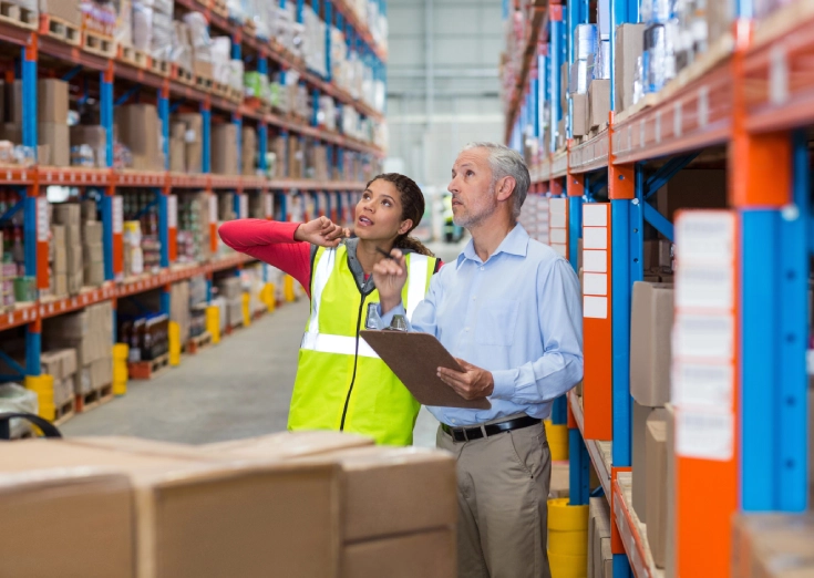RTG inventory management consultant reviewing stock levels with operations manager in warehouse