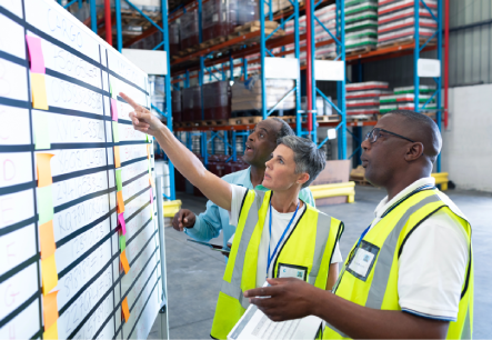 two warehouse managers reviewing slotting and process improvement solutions on a warehouse optimization consulting engagement