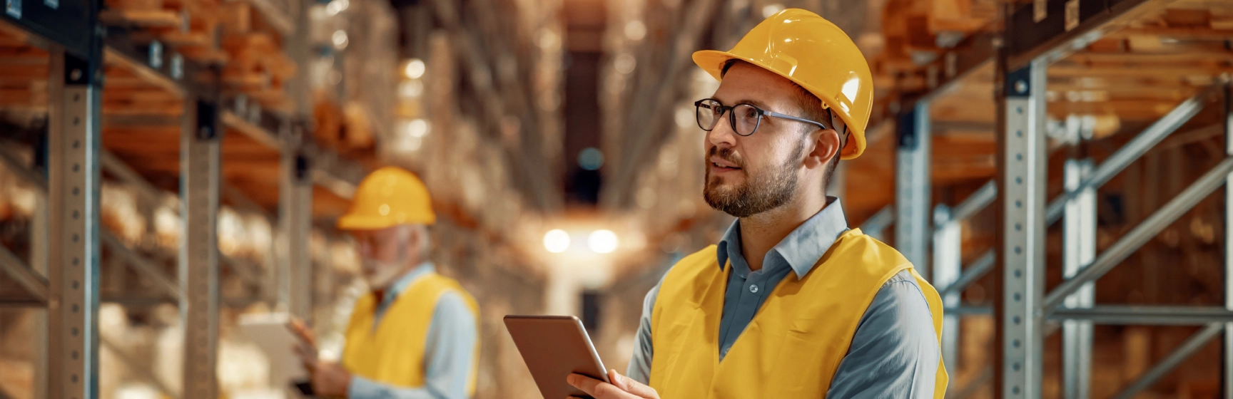 Warehouse manager in hard hat and safety vest overseeing warehouse optimization consulting engagement