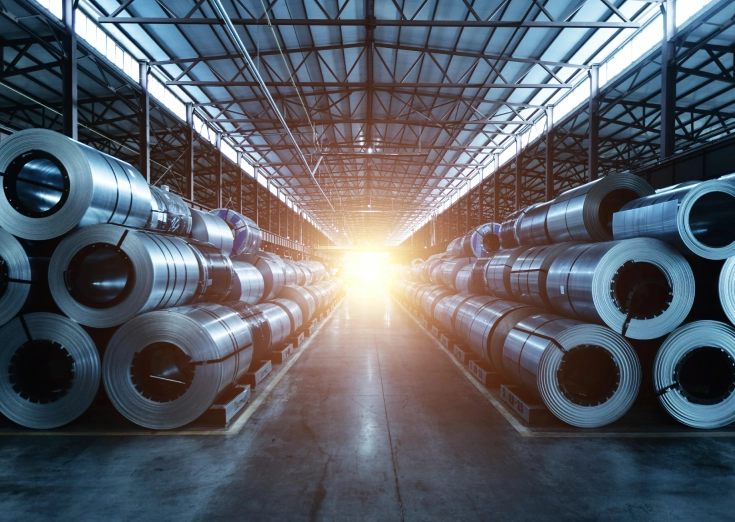large industrial warehouse storing steel coils representing a warehouse optimization consulting engagement at a steel manufacturing facility