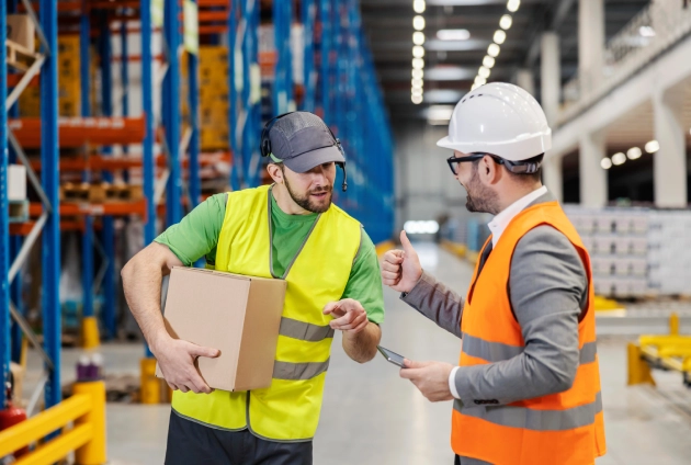 inventory management consultant reviewing stock controls with warehouse operations team
