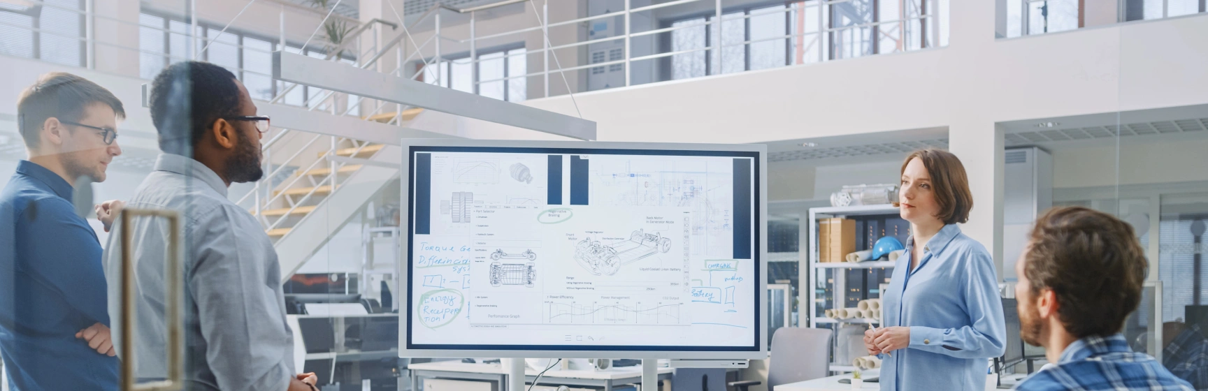Project team reviewing technical specifications and requirements document services for a software implementation