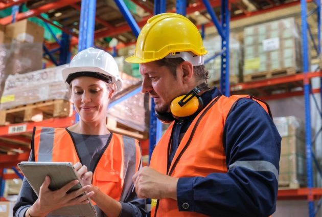 warehouse team in hard hats reviewing WMS consulting system alignment and floor operations